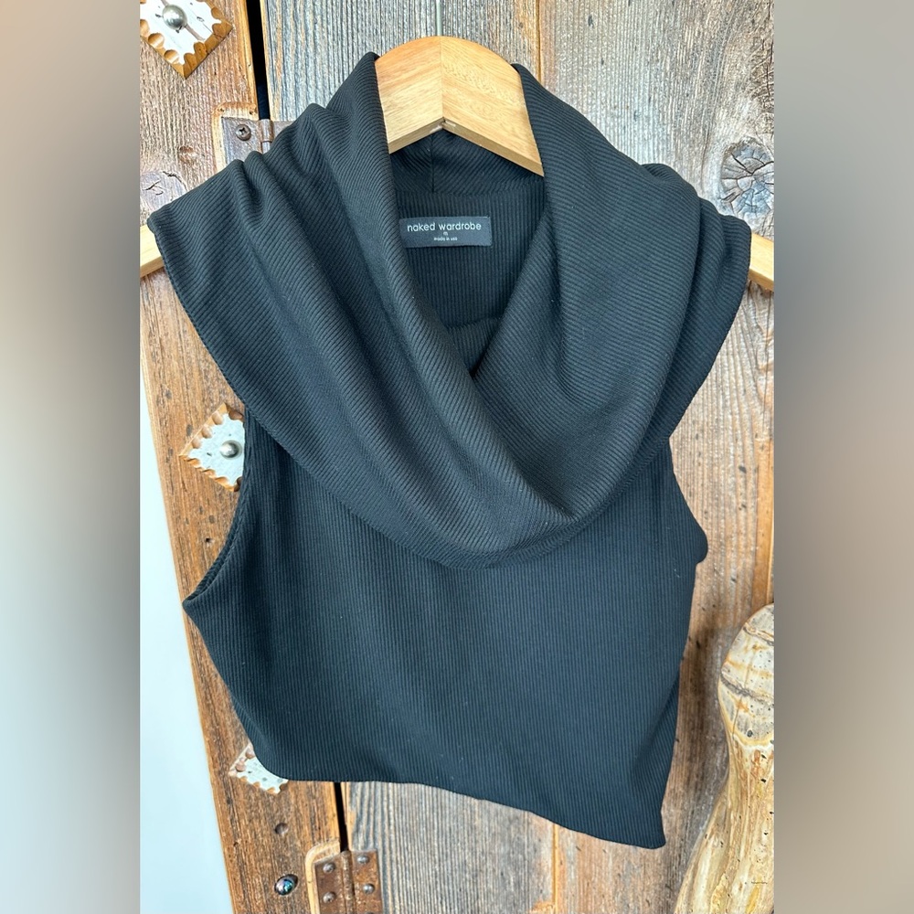 Naked Wardrobe Ribbed Sleeveless Cowl Neck Asymmetrical Crop Top in Black - Picture 7 of 15